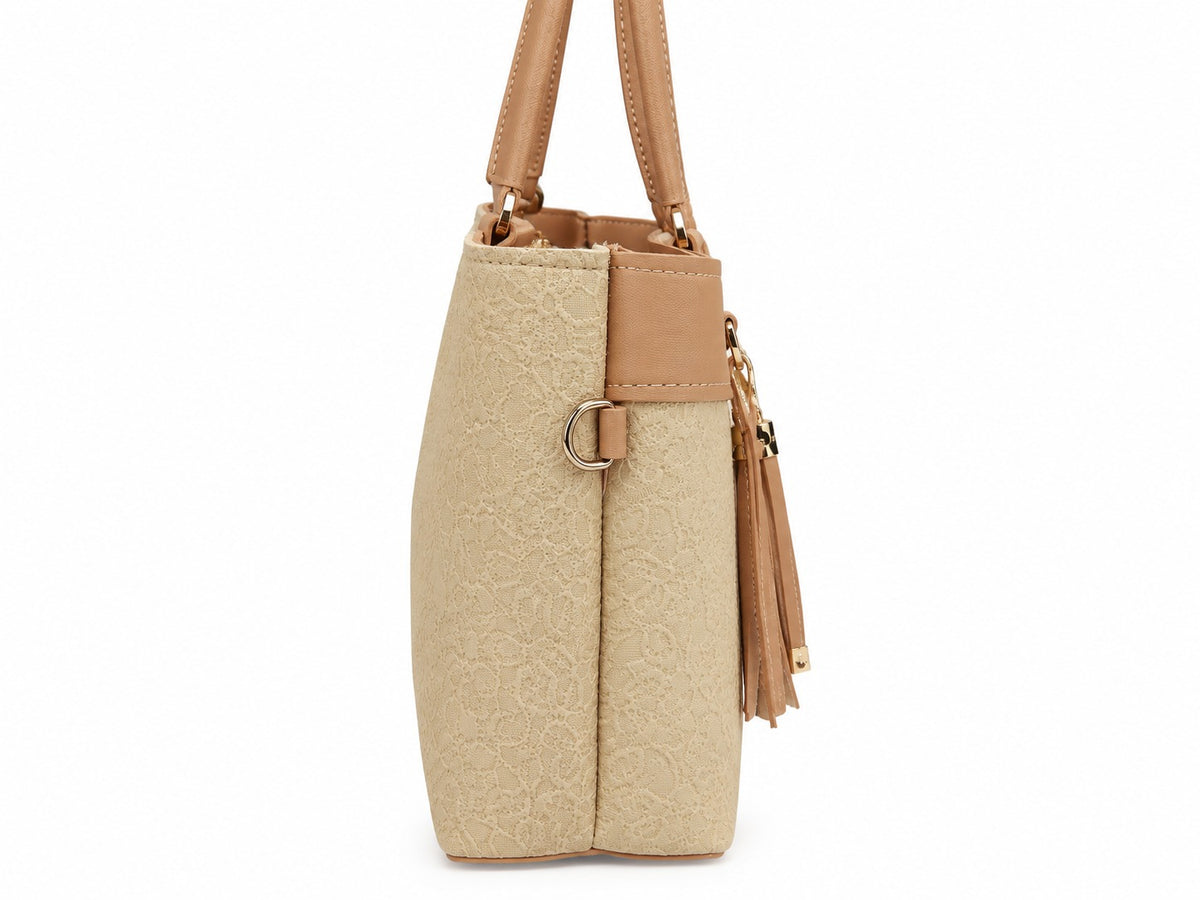 Beige Lace Textured Handbag