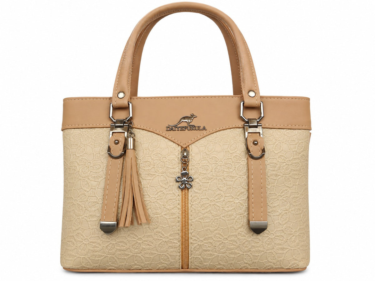 Beige Lace Textured Handbag