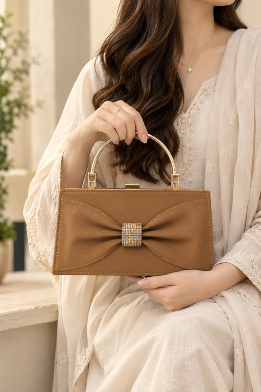 Caramel Tan Bow Clutch
