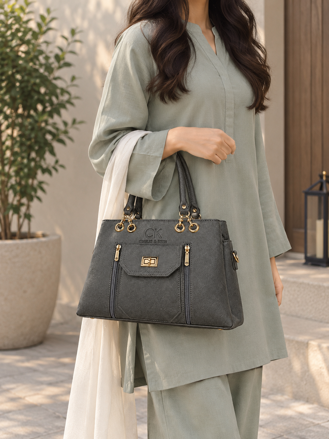 Slate Grey Textured Handbag Set
