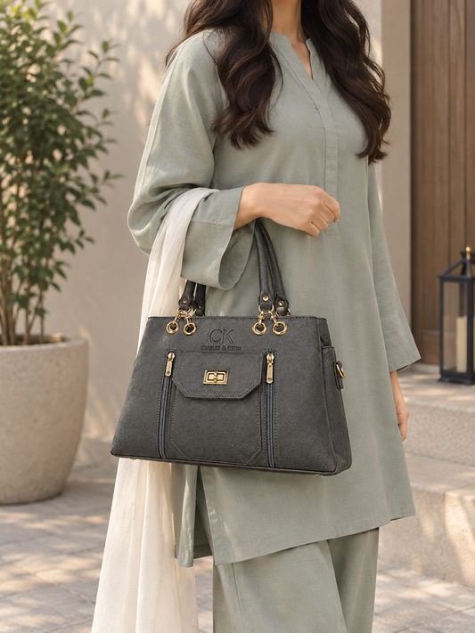 Slate Grey Textured Handbag Set