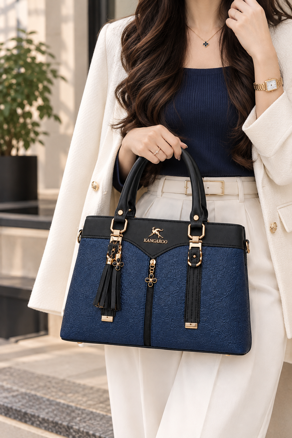 Navy Blue Textured Handbag