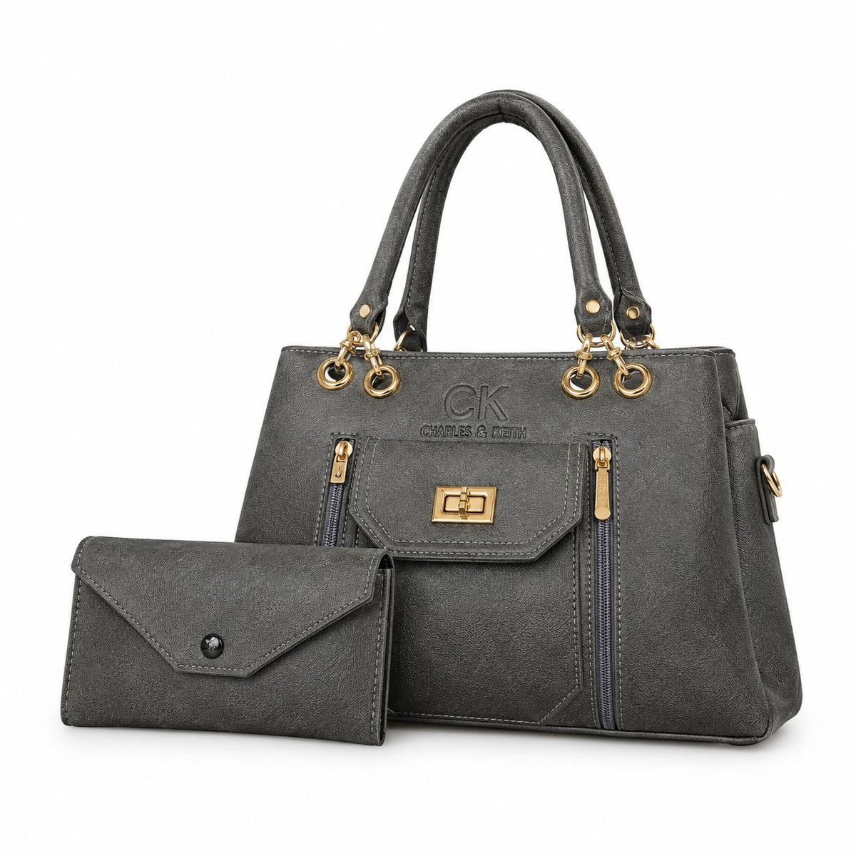 Slate Grey Textured Handbag Set